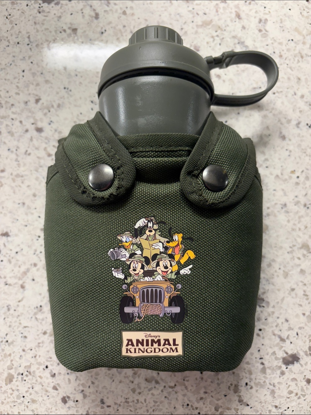 Disney World Animal Kingdom Olive Green Water Bottle with Character Pouch